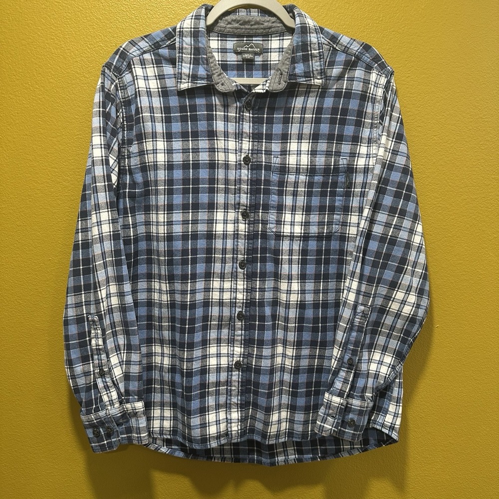 Eddie Bauer Shirt Men's L Plaid Blue Red White Long‎ Sleeve Button Front Cotton